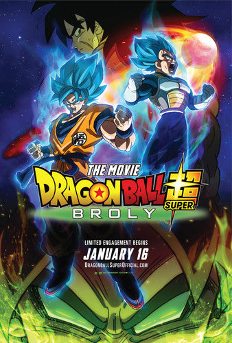 Promotional poster for 'Dragon Ball Super: Broly' with characters in colorful outfits against a cosmic background.