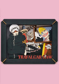 Framed artwork of Trafalgar Law from anime with a pink background