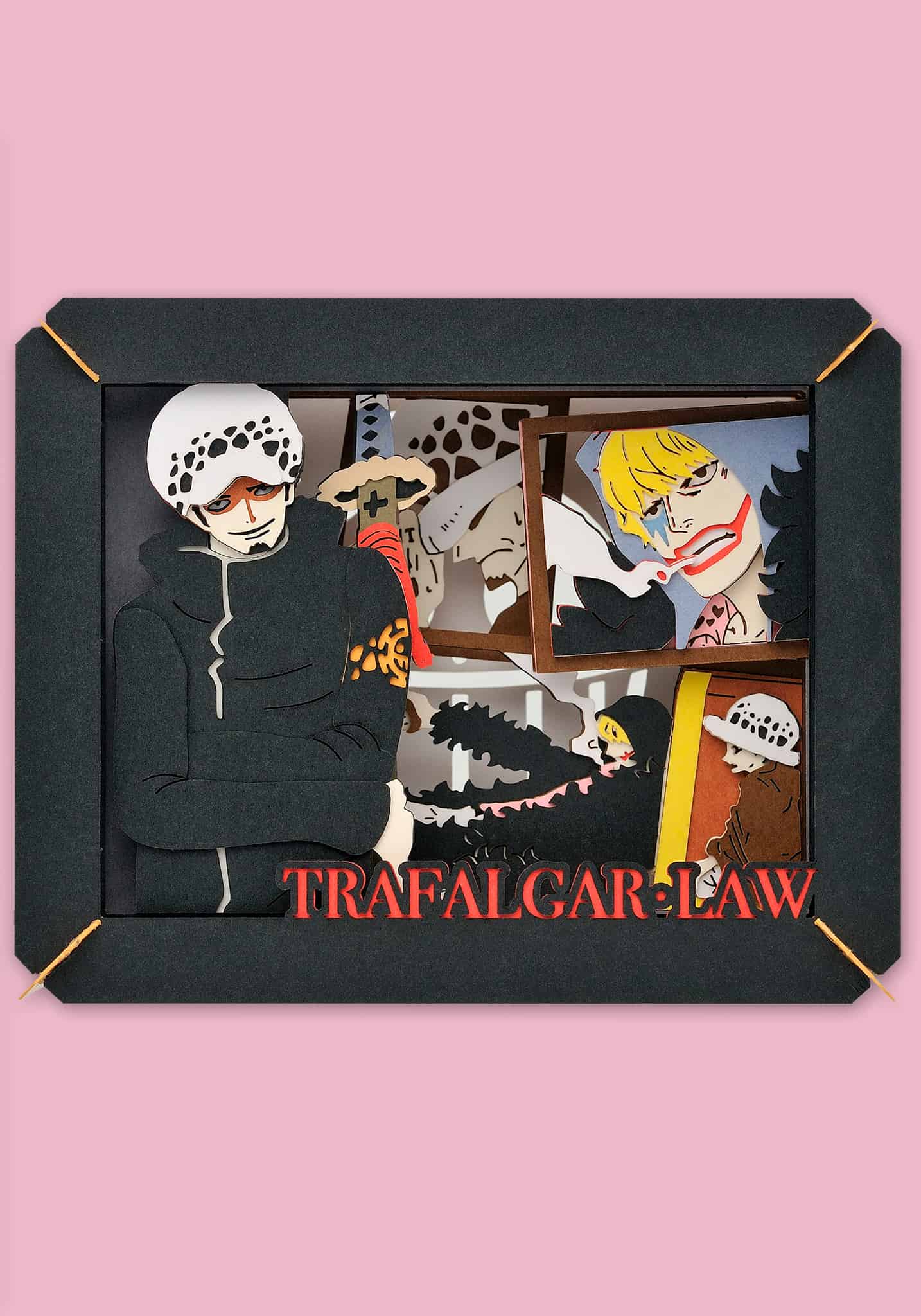 Framed artwork of Trafalgar Law from anime with a pink background