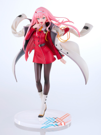 A 1/7 scale figure of Zero Two from Darling in the Franxx, based on an illustration by Masayoshi Tanaka, featuring her iconic coat, smile, and wind-blown hair. Includes stand.