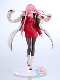 A 1/7 scale figure of Zero Two from Darling in the Franxx, based on an illustration by Masayoshi Tanaka, featuring her iconic coat, smile, and wind-blown hair. Includes stand.