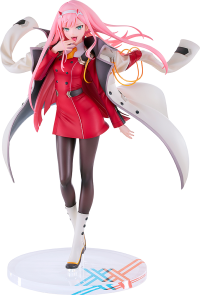 A 1/7 scale figure of Zero Two from Darling in the Franxx, based on an illustration by Masayoshi Tanaka, featuring her iconic coat, smile, and wind-blown hair. Includes stand.