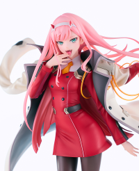 A 1/7 scale figure of Zero Two from Darling in the Franxx, based on an illustration by Masayoshi Tanaka, featuring her iconic coat, smile, and wind-blown hair. Includes stand.