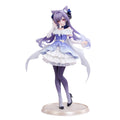 Anime character figurine with purple hair and outfit on a white background