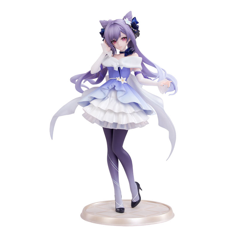 Anime character figurine with purple hair and outfit on a white background