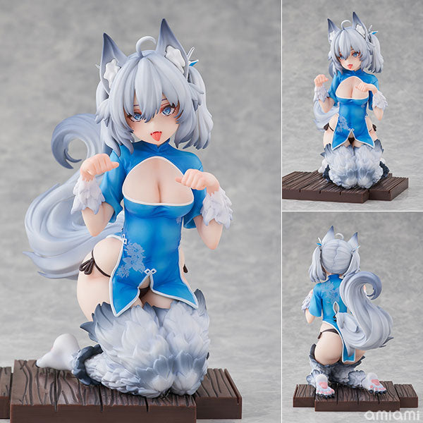 A 1/7 scale collectible figurine of an anime character with silver-gray wolf ears and tail, wearing a blue and white outfit, shown from multiple angles on a gray background.