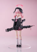 Anime character figurine with pink hair and black outfit on a pink background