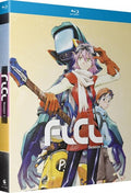 Anime Blu-ray cover featuring a character with a guitar and helmet, with 'FLCL' branding.