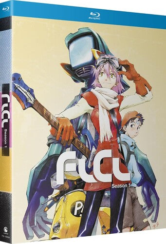 Anime Blu-ray cover featuring a character with a guitar and helmet, with 'FLCL' branding.