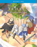 Blu-ray and DVD cover of 'Frieren: Beyond Journey's End' featuring animated characters on a mountainous landscape.