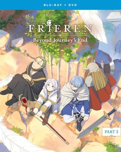 Blu-ray and DVD cover of 'Frieren: Beyond Journey's End' featuring animated characters on a mountainous landscape.