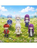Five anime-style action figures standing in a grassy field under a blue sky with clouds. The figures include characters with blue, white, red, and purple hair, dressed in colorful outfits.