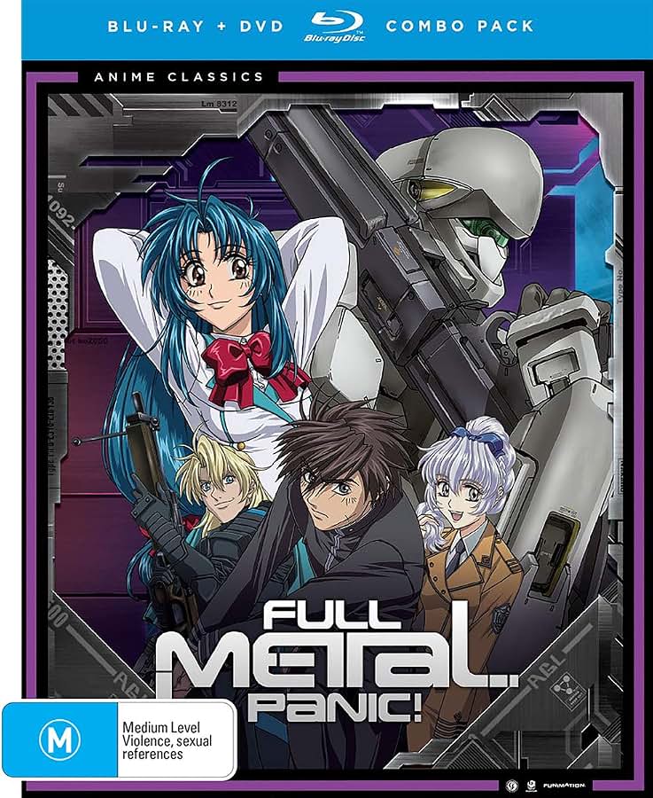 Full Metal Panic! anime classic combo pack Blu-ray and DVD cover art, featuring the main characters and a mecha robot against a futuristic purple background.