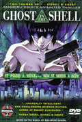 DVD cover of 'Ghost in the Shell' with character holding a gun and cityscape background.