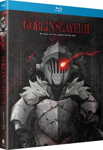 Blu-ray cover of 'Goblin Slayer II' with a warrior in armor and red glowing eyes.