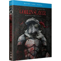 Goblin Slayer Blu-ray and DVD packaging with a warrior character on a black background.