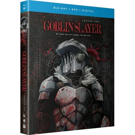 Goblin Slayer Blu-ray and DVD packaging with a warrior character on a black background.