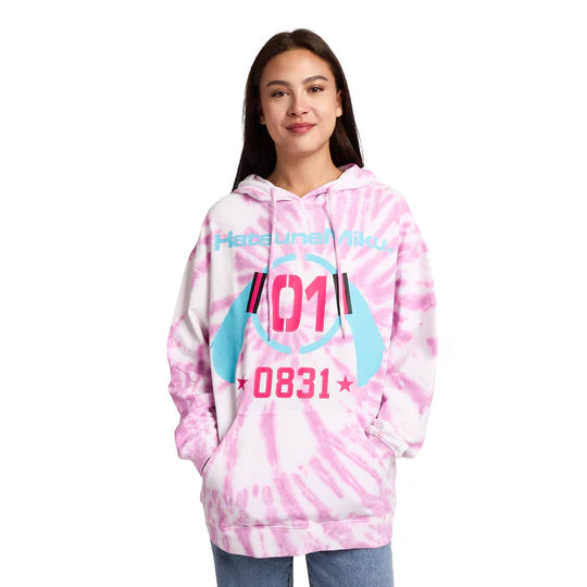 Hatsune Miku Bunny Ears Headphones Women's Purple Tie-Dye Long Sleeve Fleece Hooded Sweatshirt
