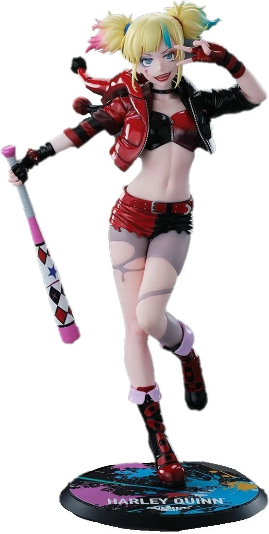 Harley Quinn figurine with colorful hair and outfit on a white background