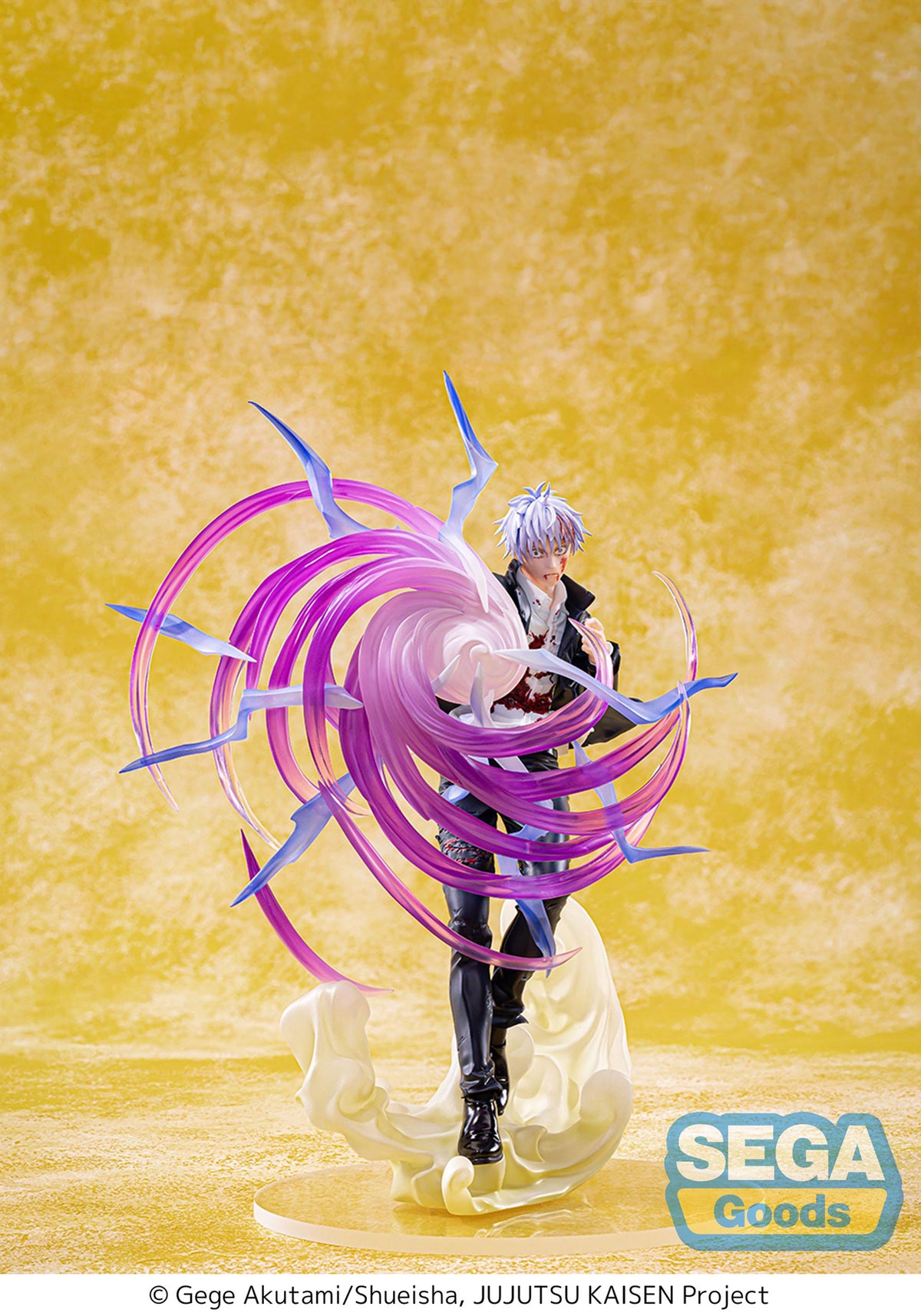 A collectible anime figurine of a male character with white hair, wearing a black and white outfit, posed with a large swirling purple and blue energy effect. The figurine stands on a white base against a textured golden-yellow background.