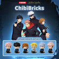 Promotional display graphic for the Puremind ChibiBricks Full Series, featuring anime characters from Jujutsu Kaisen in full-body illustration above six small chibi figure displays.