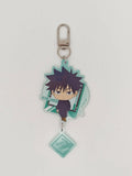 An acrylic keychain featuring a chibi anime character with spiky dark hair, set against a light teal background with a silver metal clasp and a dangling light teal square charm.