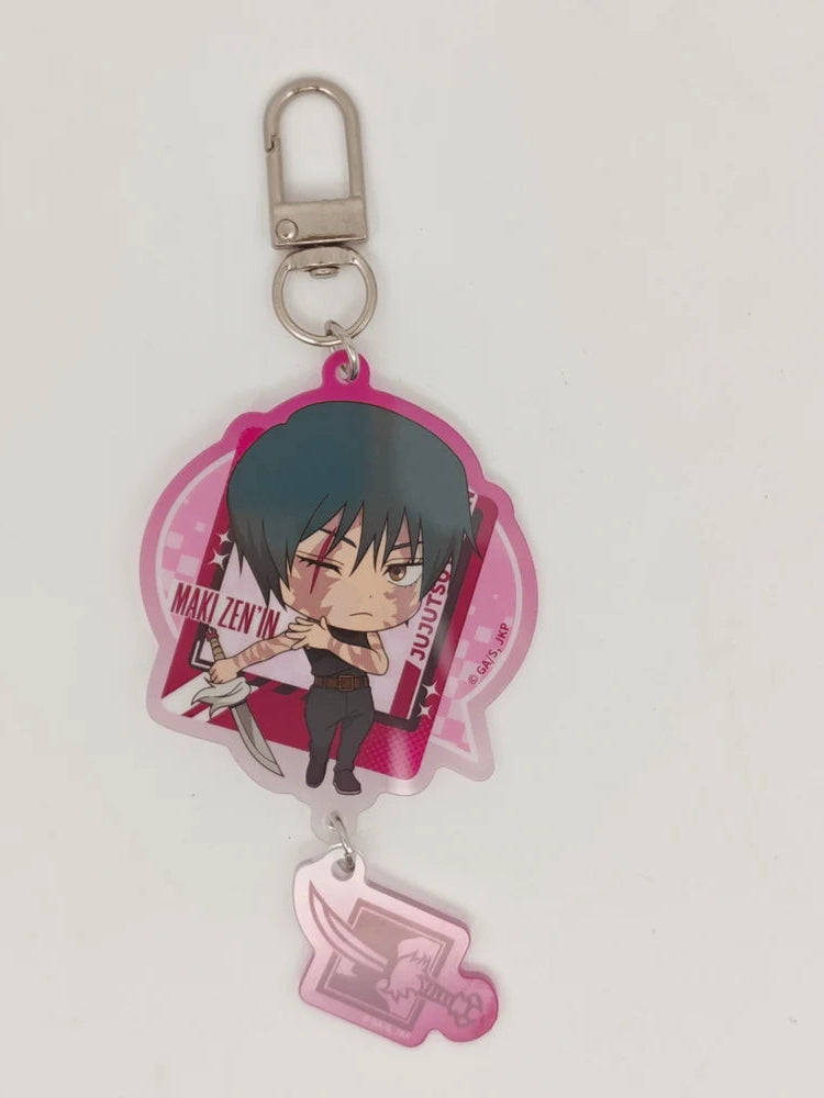 An anime keychain featuring a pink acrylic charm with a chibi character illustration and a silver metal clasp, shown on a plain white background.