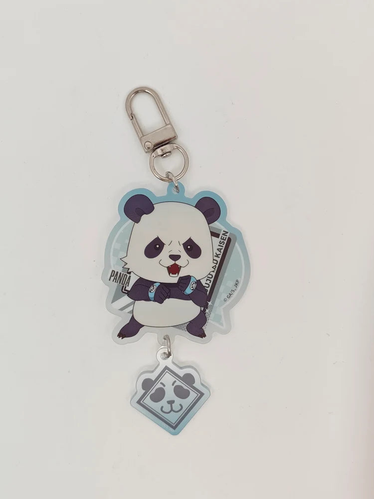 A panda-themed acrylic keychain featuring a cartoon panda character with a small attached square charm, photographed on a plain light background.