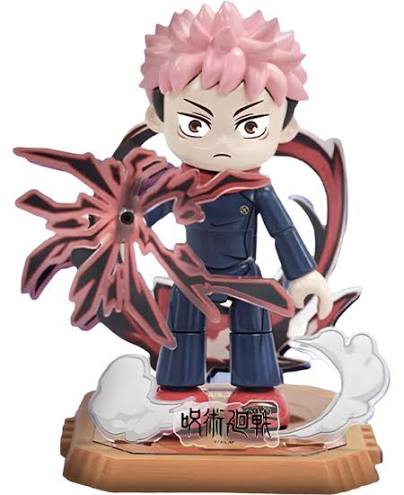 A chibi-style collectible figurine of the character Yuji from Jujutsu Kaisen, featuring pink hair, a dark blue uniform, and a red and black energy effect accessory, standing on a brown base with white clouds.