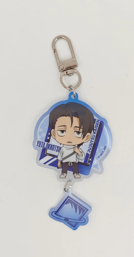 A blue and white acrylic keychain featuring a chibi anime character, shown on a plain white background with its metal clasp attached.