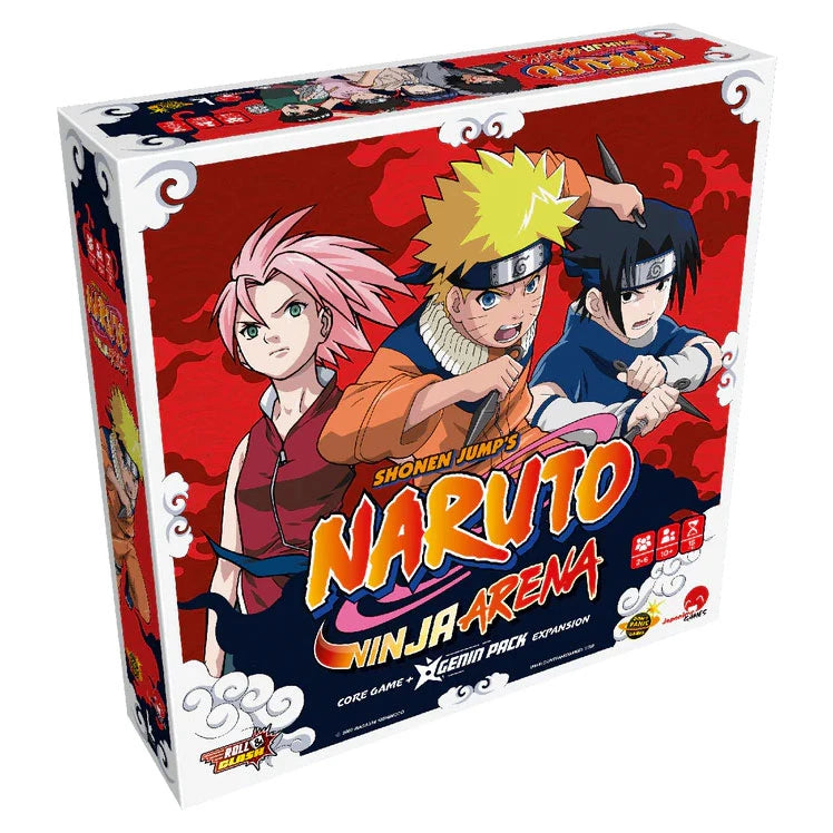 Naruto-themed board game box with characters on a red background