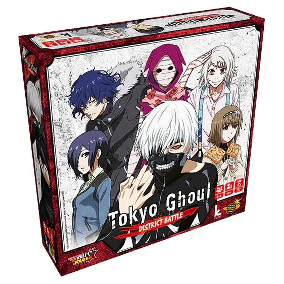 Board game box for 'Tokyo Ghoul: District Battle' with character illustrations on a white background