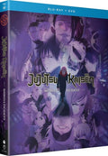 Blu-ray and DVD cover of 'Jujutsu Kaisen' with animated characters and a dark purple color scheme.