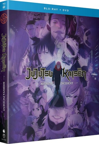 Blu-ray and DVD cover of 'Jujutsu Kaisen' with animated characters and a dark purple color scheme.