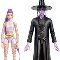 Two stylized action figures on a plain white background: a female figure with purple hair, pale skin, and tan patterned tattoos wearing a white and gold outfit, and a male figure with purple skin, black hat, and long black coat with silver chain details.