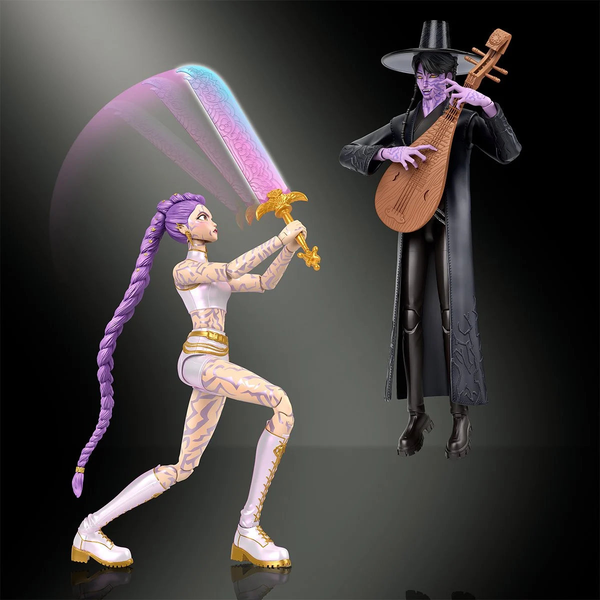 Two action figures on a dark background, a girl with a sword and a guy playing a lute. The girl is swinging at the guy.