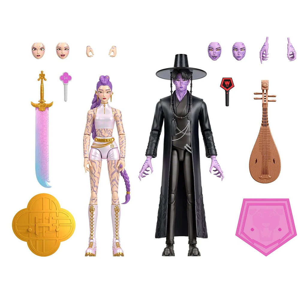 Action figures with accessories on a white background