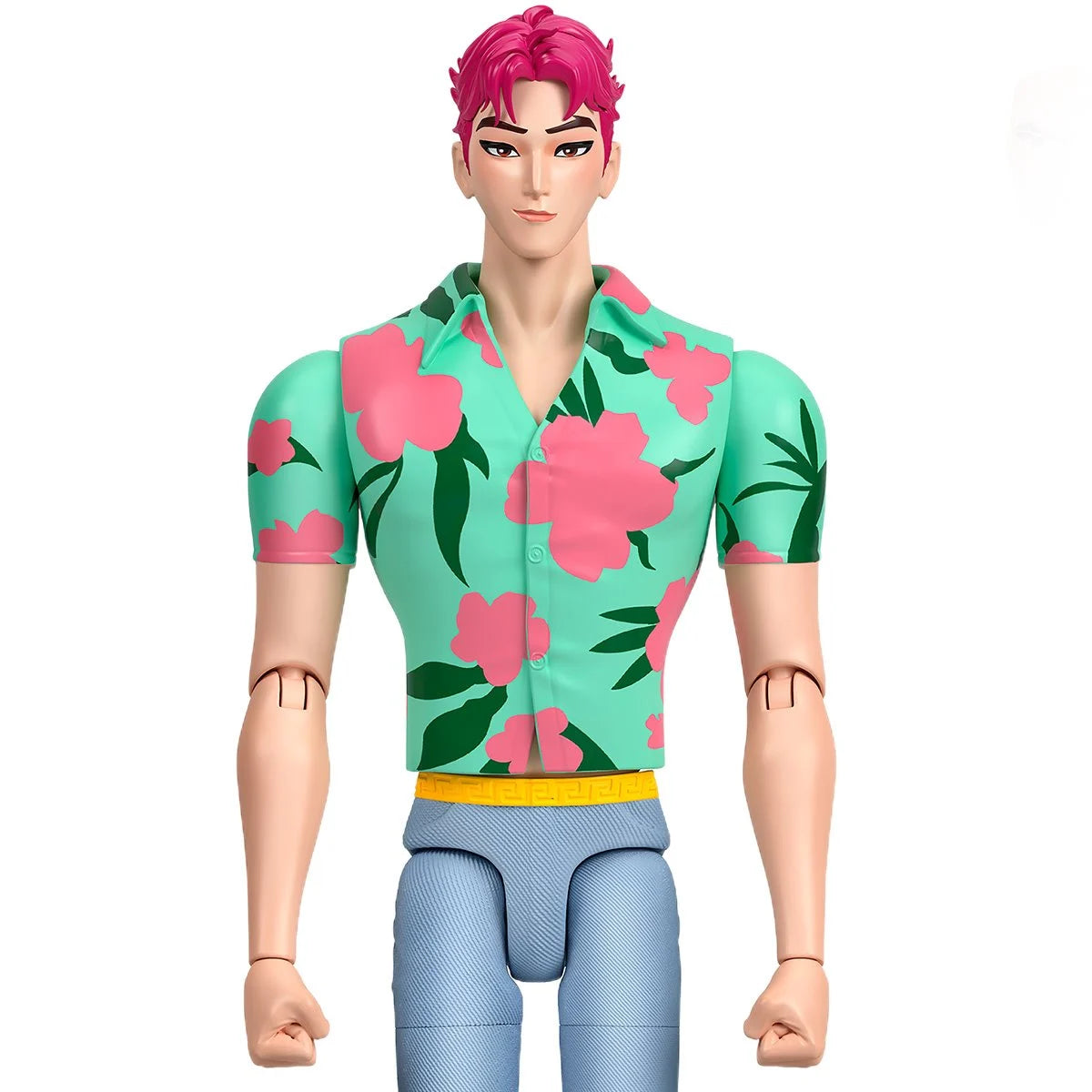 A stylized male action figure or doll with pink hair, wearing a mint green short-sleeve button-up shirt with large pink floral print and dark green leaves, plus light blue pants, shown against a plain white background.