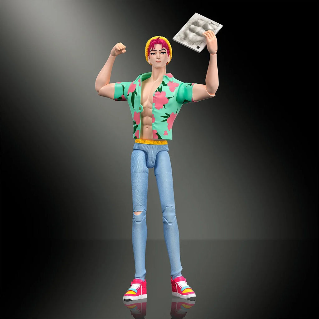 A 3D-rendered action figure of a male character with pink hair, wearing a green floral short-sleeve shirt, ripped light blue jeans, and colorful sneakers, holding a blister pack against a dark gradient background.