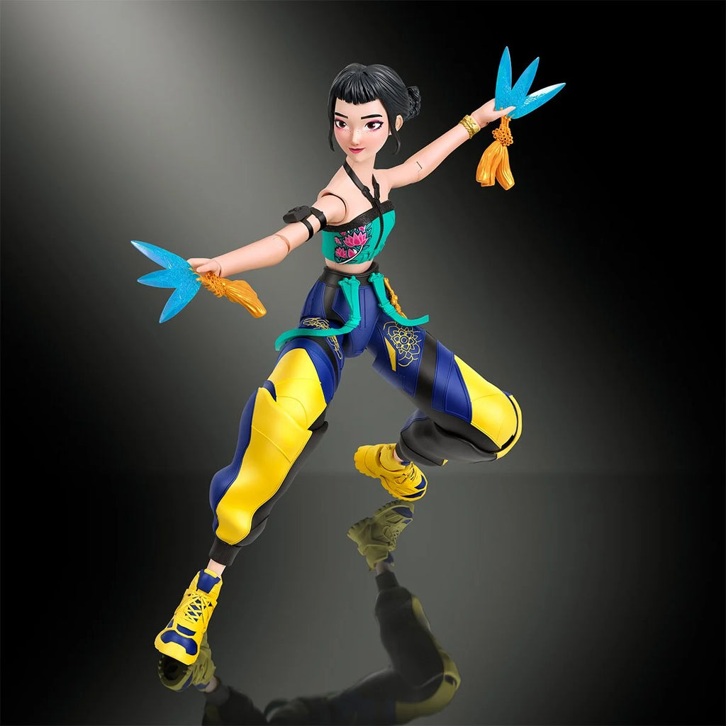 A stylized action figure of a female martial arts character posed mid-lunge on a dark gradient background. She has black hair and wears a teal and blue crop top, blue and yellow pants, and yellow boots, with blue and orange martial arts weapons in both hands.