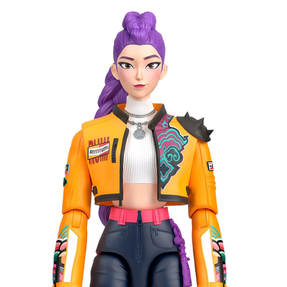 A stylized 3D-rendered female character shown from the waist up against a plain white background. She has purple hair in a high bun, wears a bright orange cropped jacket with multicolor graphic patches, a white ribbed crop top, dark pants, and a pink belt.
