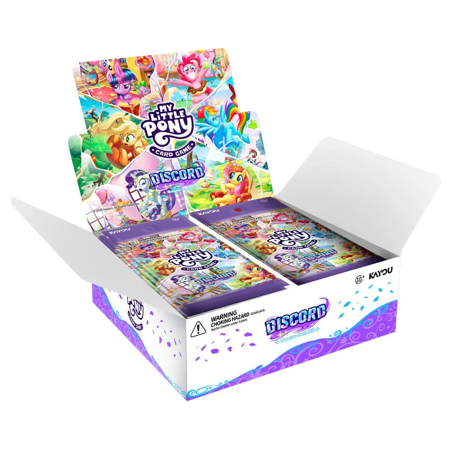 A My Little Pony: Friendship Crossover Discard card display box filled with individual booster packs, shown on a plain white background.