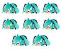 Eight views of a small plush character shaped like a sleeping turquoise-haired girl with long bunny ears, shown on a plain white background.