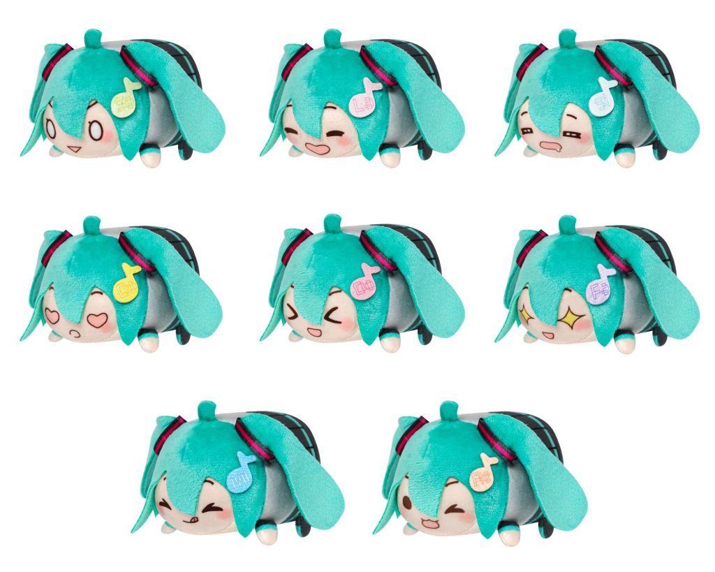Eight views of a small plush character shaped like a sleeping turquoise-haired girl with long bunny ears, shown on a plain white background.