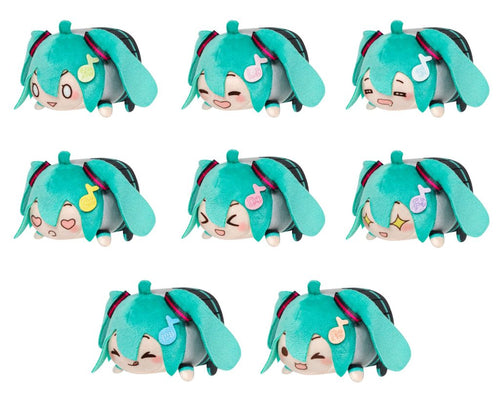 Eight views of a small plush character shaped like a sleeping turquoise-haired girl with long bunny ears, shown on a plain white background.