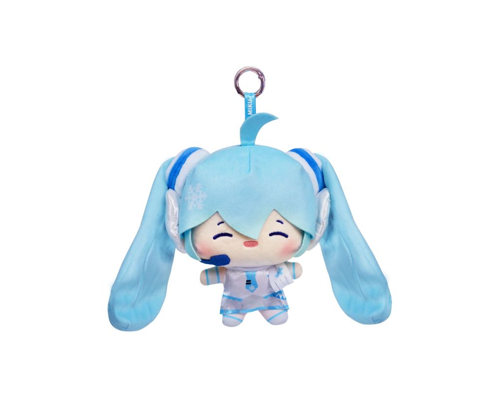 A light blue plush character keychain with long floppy ears, a small ring at the top, and a white-and-blue outfit, shown on a plain white background.
