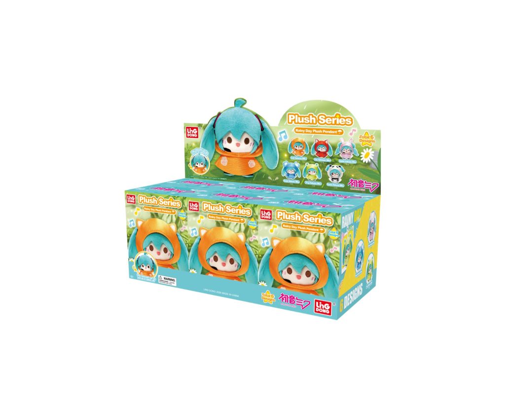 A display box of Bandai's Plush Series blind box toys, featuring a cute blue creature plush character on the top hanger and illustrations of the same character on the front and side panels.