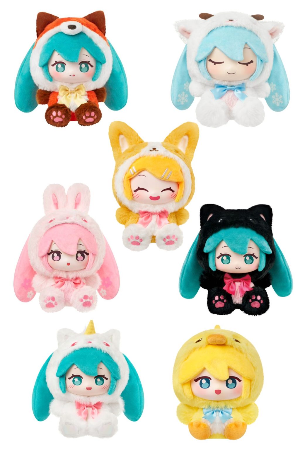 Six small plush character toys arranged on a plain white background, each wearing a different animal or fantasy hood and outfit in teal, pink, yellow, black, and white.