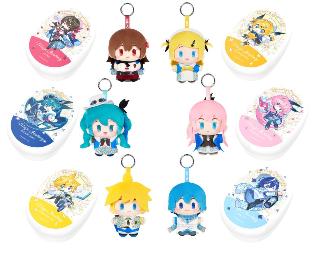 A set of anime-themed keychain charms and matching oval sticker packs arranged on a plain white background. The collection features chibi characters in blue, pink, yellow, and brown, with some charms attached to metal keyrings and others shown with their corresponding sticker packs.