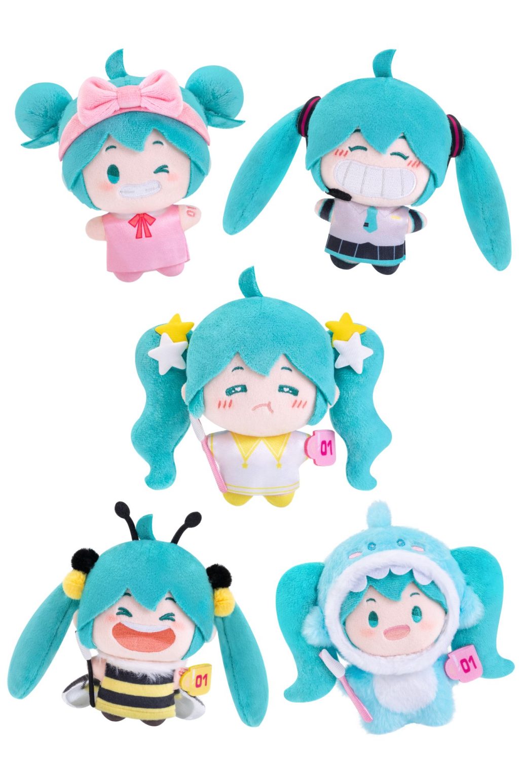 Five cute plush toys featuring a turquoise-haired anime-style character in different outfits, arranged on a plain white background.